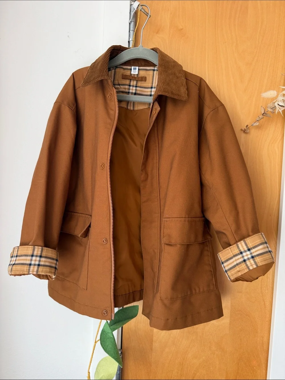 Uniqlo Kids Brown Canvas Jacket with Corduroy Collar, plaid lining